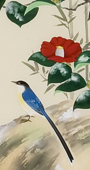 寒椿に小鳥　林　文耀（直筆）