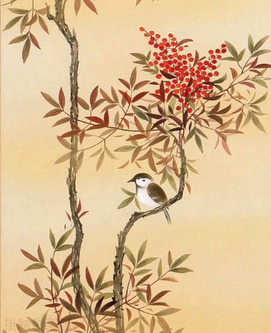 南天に雀　川島正行【直筆作品】