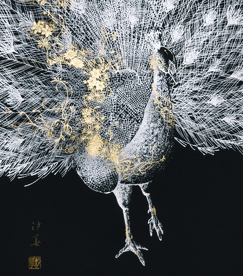 A3458 田畑汐華 本金押箔　孔雀美麗 尺五立 2