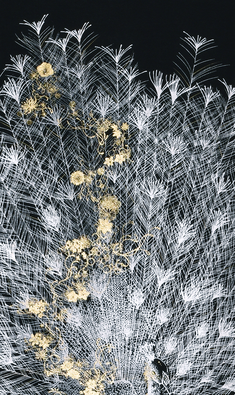 A3458 田畑汐華 本金押箔　孔雀美麗 尺五立 3